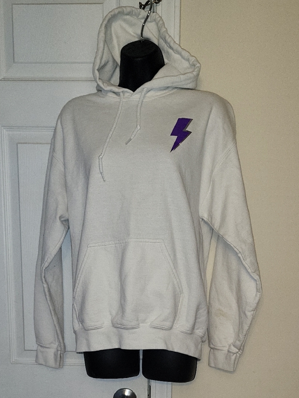 Gildan White Hoodie with Purple Tag Accent